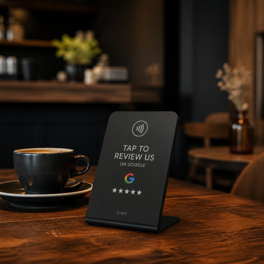 TapRocket NFC-ställ står på ett cafébord bredvid en espressokopp
