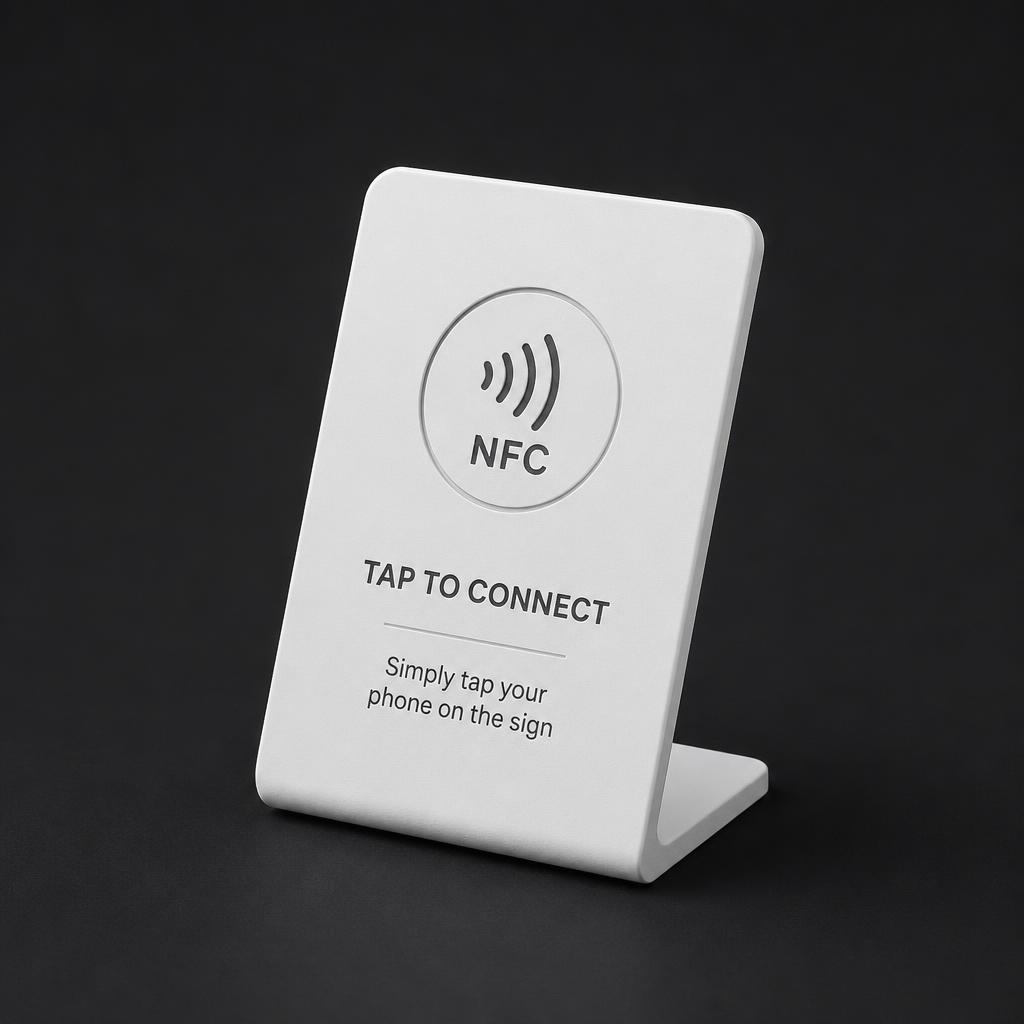 TapRocket NFC-ställ i matt vitt, fotograferat i studio